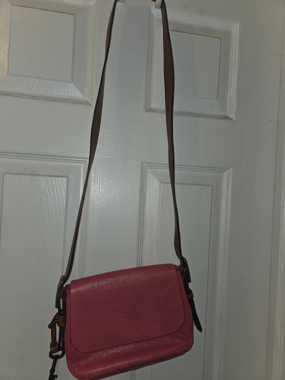 Fossil Pink Leather  Crossbody with Brown Leather Strap